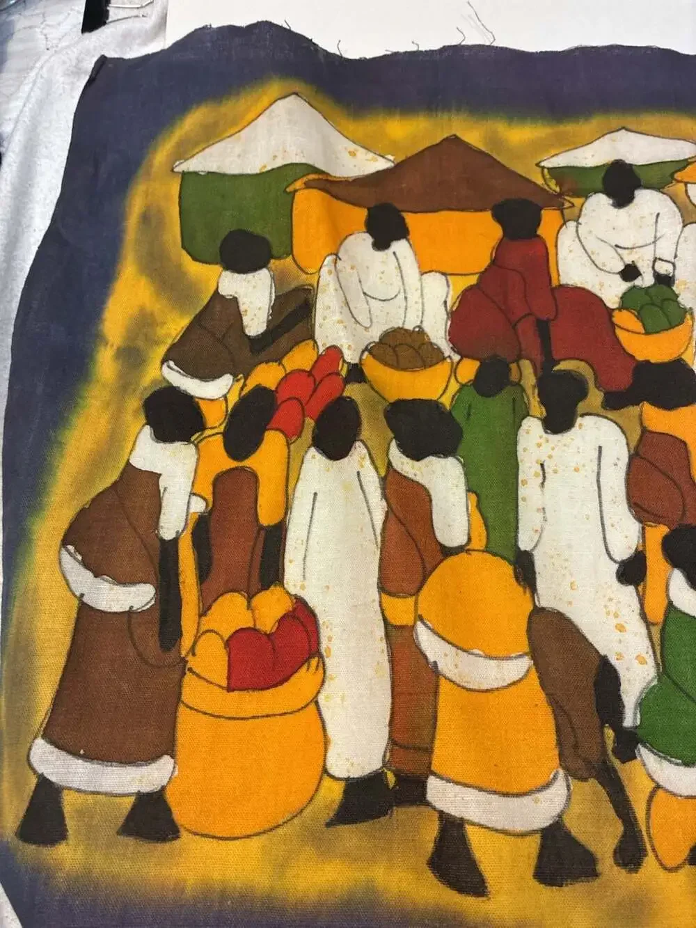 Lot of 2 African Market Scene Wax Batik Textile Wall Hanging Panel